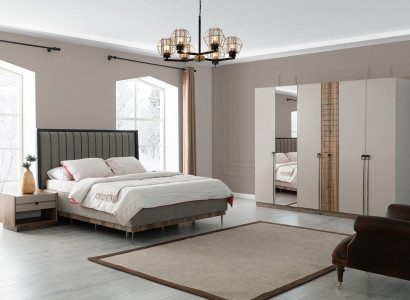 Bedroom modern set textile double bed wood wardrobe 4-piece